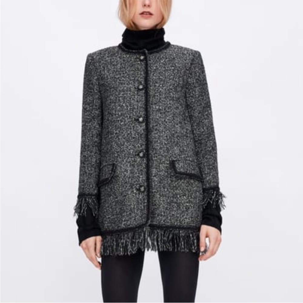 Zara Black & Silver Tweed Jacket with Fringe Trim